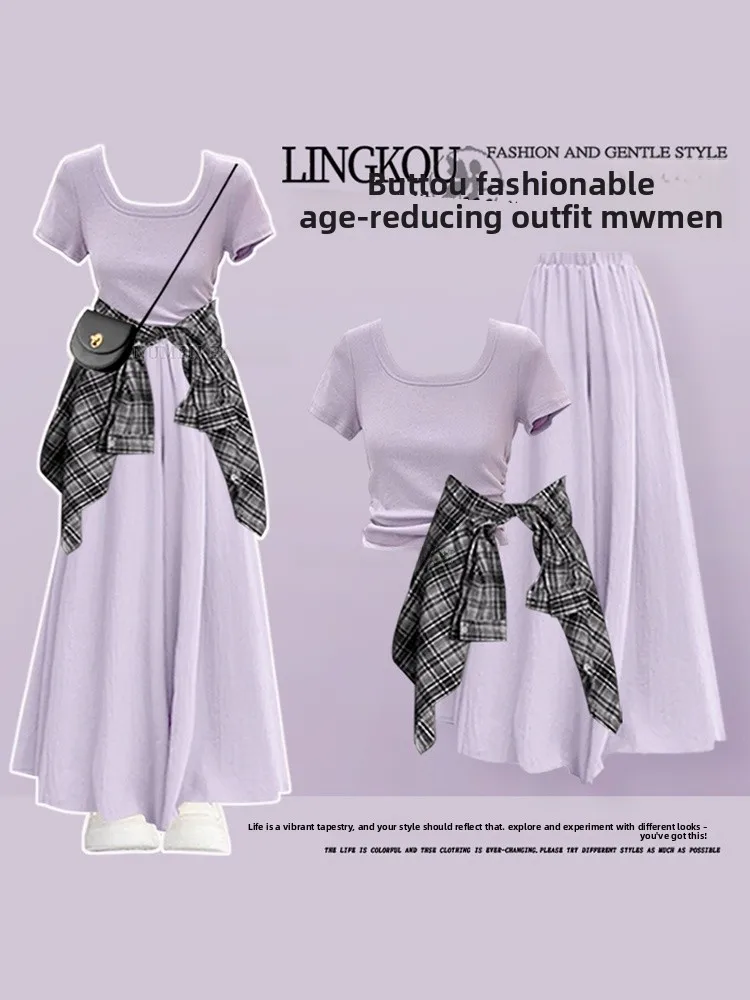 Summer Casual Plaid Shirt T-Shirt Slimming Skirt Pants Three-Piece Set Women's Fashion Vintage Shoulder-Length Shorts Sleeve
Summer Casual Plaid Shirt T-Shirt Slimming Skirt Pants Three-Piece Set Women's Fashion Vintage Shoulder-Length Shorts Sleeve