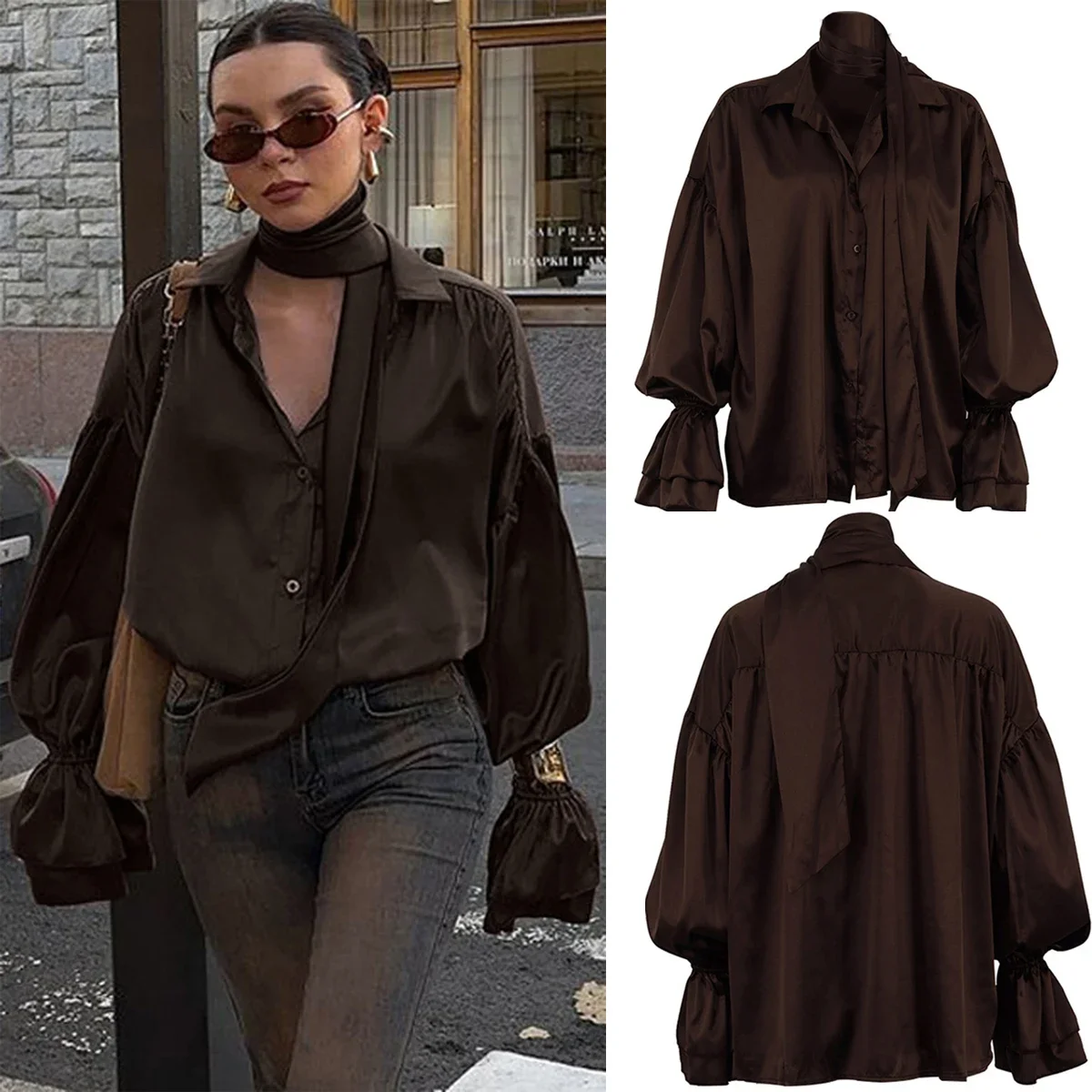 Однотонные свободные блузки на пуговицах, модная коричневая атласная женская рубашка, элегантные рубашки с длинными рукавами и лацканами, повседневный классический топ Blusas
Однотонные свободные блузки на пуговицах, модная коричневая атласная женская рубашка, элегантные рубашки с длинными рукавами и лацканами, повседневный классический топ Blusas