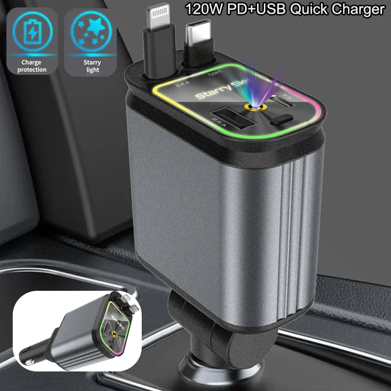 Upgraded 120W PD+USB Quick Charger with 2 Retractable Cable Fast Charging Car Phone Charge with Ambient light 4in1 Power Adapter
Upgraded 120W PD+USB Quick Charger with 2 Retractable Cable Fast Charging Car Phone Charge with Ambient light 4in1 Power Adapter
