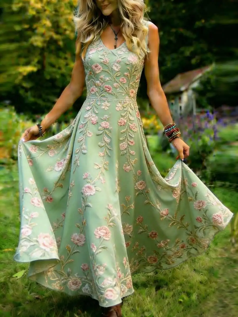 Mint Green Sleeveless V-Neck Maxi Dress With Pink Rose Embroidery And Leaf Vines, Flowing Flared Hem
Mint Green Sleeveless V-Neck Maxi Dress With Pink Rose Embroidery And Leaf Vines, Flowing Flared Hem
