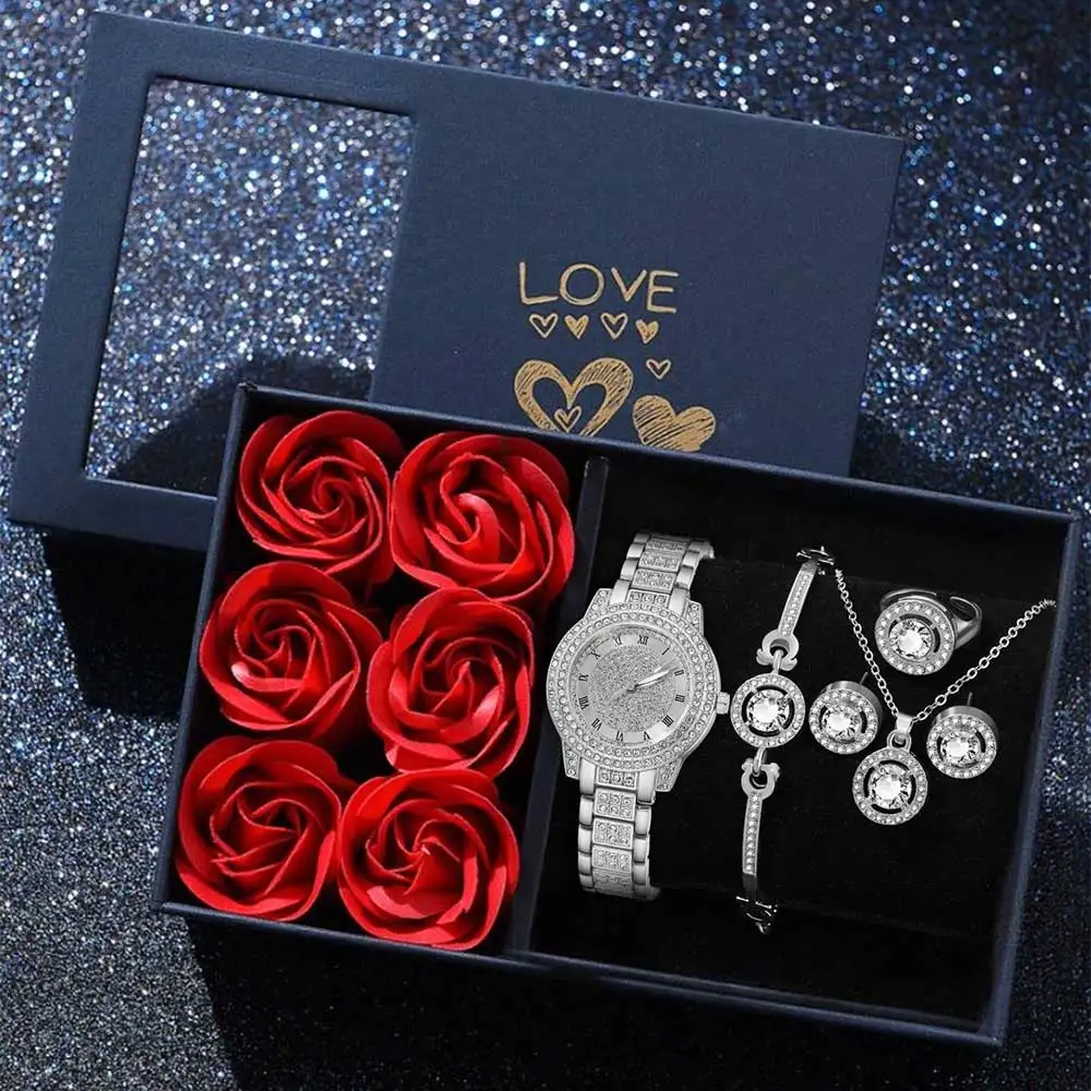 6 шт. серебряные модные женские часы, роскошные модные кварцевые часы, браслет, ожерелье, серьги, идеальный подарок для друзей или мам
6 шт. серебряные модные женские часы, роскошные модные кварцевые часы, браслет, ожерелье, серьги, идеальный подарок для друзей или мам