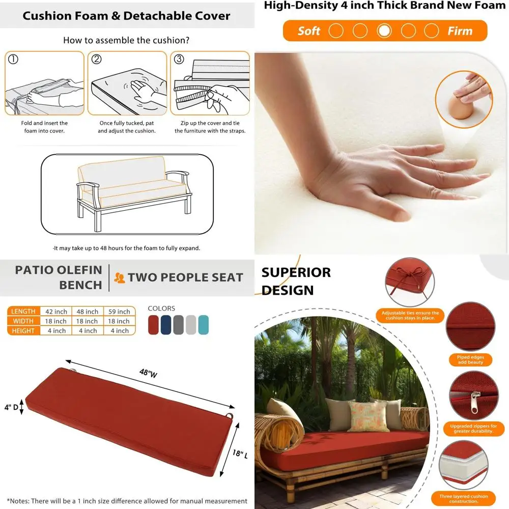 Красная подушка для садового дивана, 48x18x4 дюйма, водонепроницаемая, с ремнями.
Красная подушка для садового дивана, 48x18x4 дюйма, водонепроницаемая, с ремнями.