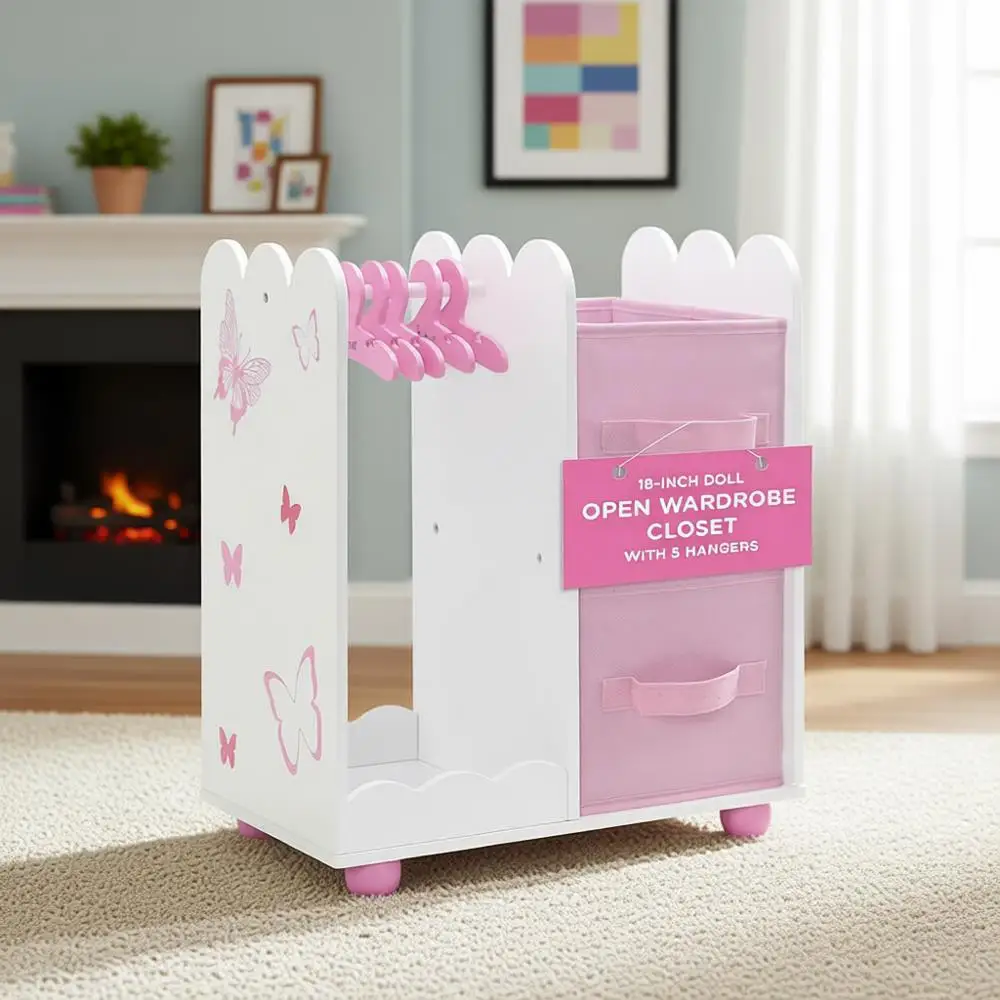 18 Doll Wardrobe Closet - Storage with 5 Hangers & 2 Fabric Bins | USA Compatible
18 Doll Wardrobe Closet - Storage with 5 Hangers & 2 Fabric Bins | USA Compatible