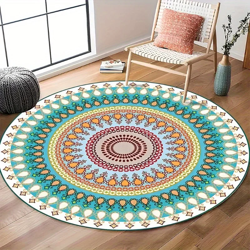 Round Flannel Home Decorative Mat, Vibrant Geometric Mandala Rug - 100% Polyester, Machine Washable Circular Mat for Living Room