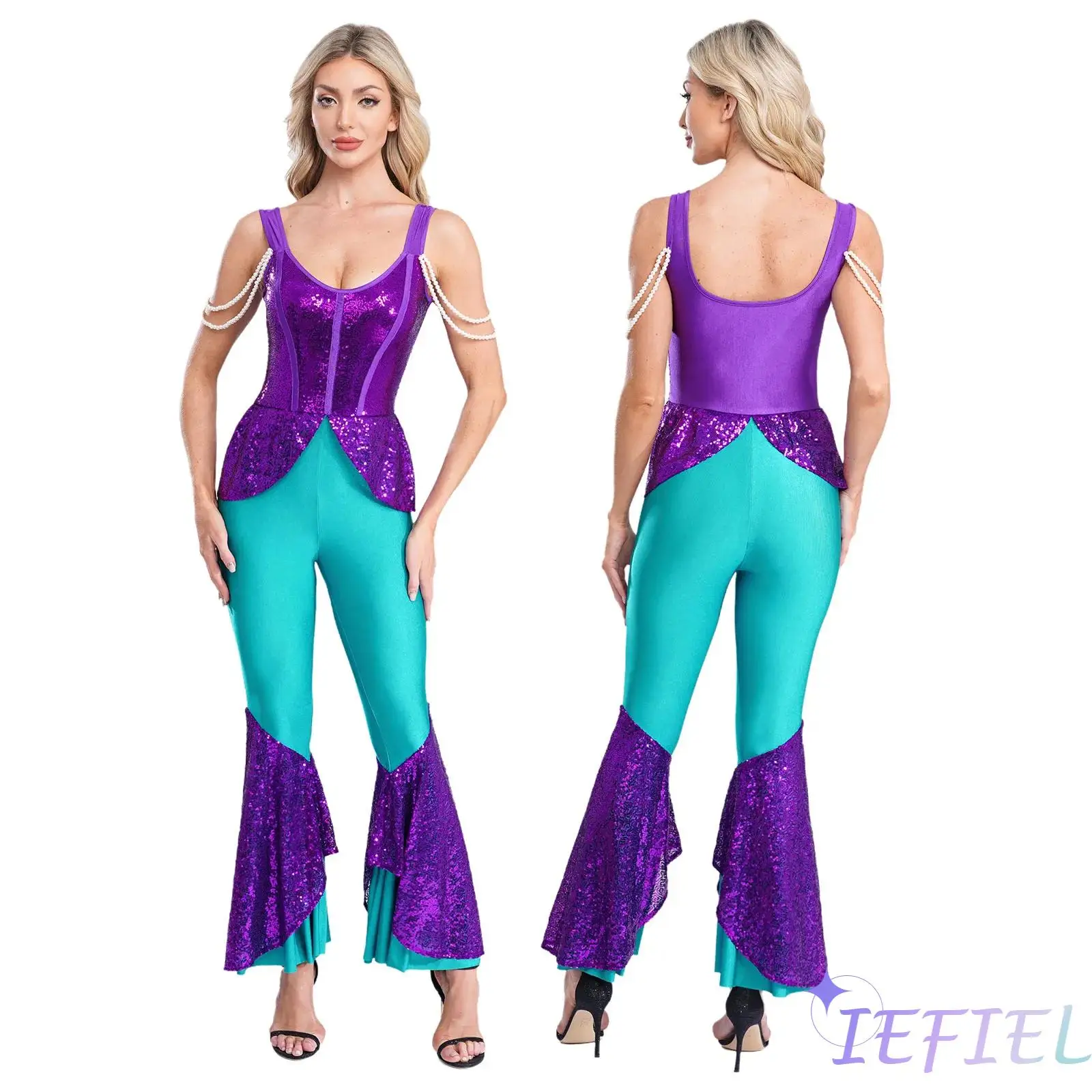 Halloween Women Mermaid Cosplay Jumpsuit with Faux Pearl Arm Chains And Sequined Mesh Panels Sleeveless Bell Bottom Romper
Halloween Women Mermaid Cosplay Jumpsuit with Faux Pearl Arm Chains And Sequined Mesh Panels Sleeveless Bell Bottom Romper