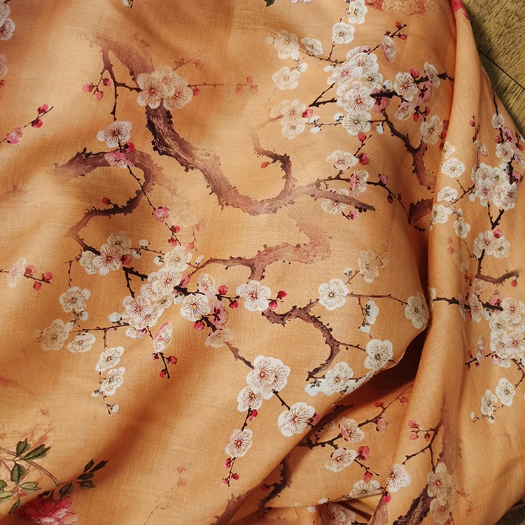 High quality natural pure ramie fabric Plum blossom printing patchwork High end designer robe shirt dress material
High quality natural pure ramie fabric Plum blossom printing patchwork High end designer robe shirt dress material