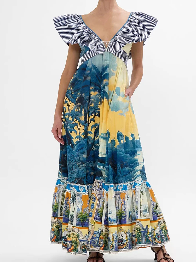 Retro 2025 summer women's new V-neck lotus leaf sleeve printed long skirt elegant temperament holiday swing high waist dress
Retro 2025 summer women's new V-neck lotus leaf sleeve printed long skirt elegant temperament holiday swing high waist dress