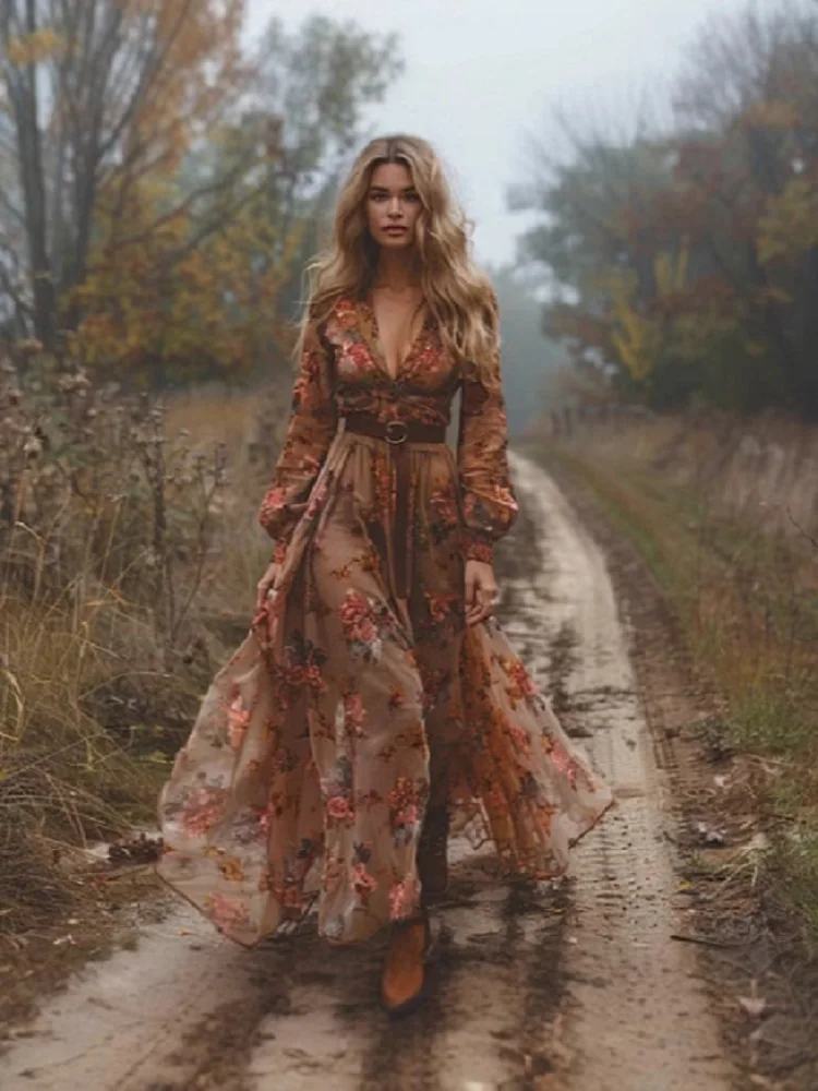 European and American 2025 autumn new retro pastoral style V-neck printed long sleeved dress long skirt green sweet and fresh
European and American 2025 autumn new retro pastoral style V-neck printed long sleeved dress long skirt green sweet and fresh