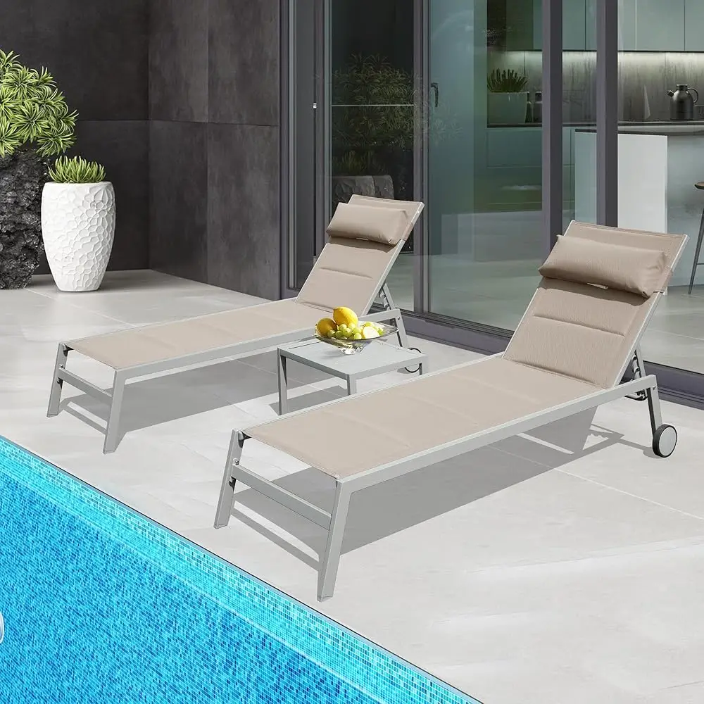 Domi Patio Chaise Lounge Set Of 3, Aluminum Pool Lounge Chairs With Side Table And Wheels, Textilene Padded Adjustable Recliner
Domi Patio Chaise Lounge Set Of 3, Aluminum Pool Lounge Chairs With Side Table And Wheels, Textilene Padded Adjustable Recliner