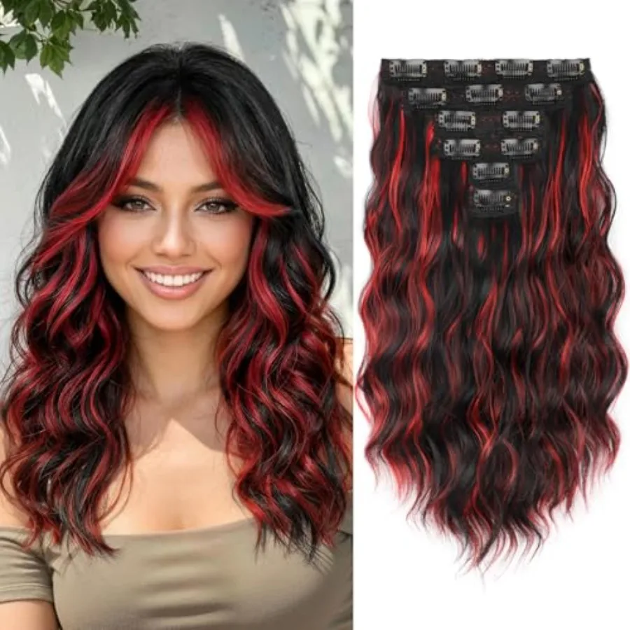 Short Hair Extensions 6PCS 14 Inch Wavy Curly Hairpieces Synthetic Soft Lace Weft Clip in Hair Extensions-Black Mix Red Highlig
Short Hair Extensions 6PCS 14 Inch Wavy Curly Hairpieces Synthetic Soft Lace Weft Clip in Hair Extensions-Black Mix Red Highlig