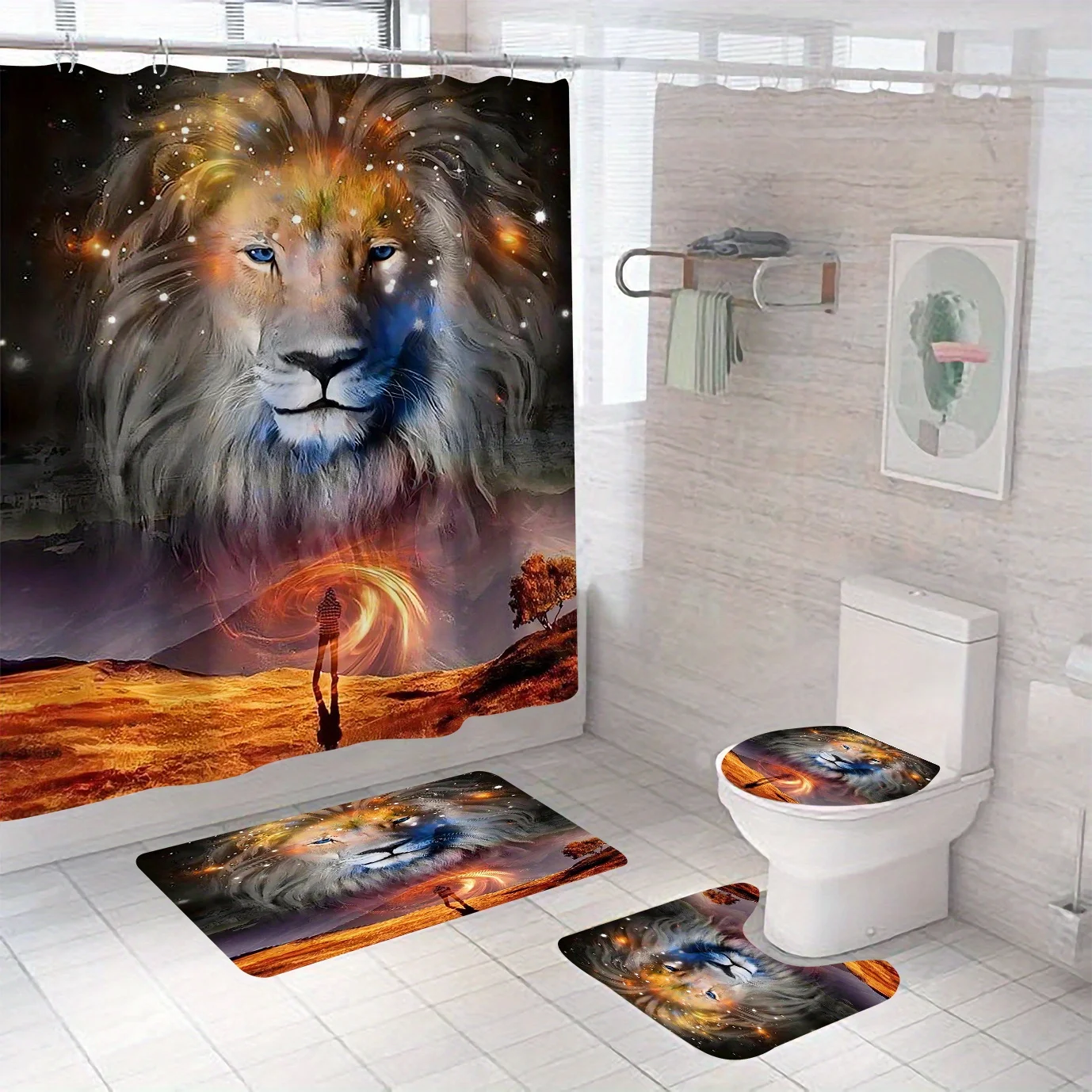 Набор для ванной комнаты Mystical Lion: водонепроницаемая занавеска для душа, мягкий контурный коврик, стильная крышка унитаза, нескользящий коврик для ванны
Набор для ванной комнаты Mystical Lion: водонепроницаемая занавеска для душа, мягкий контурный коврик, стильная крышка унитаза, нескользящий коврик для ванны