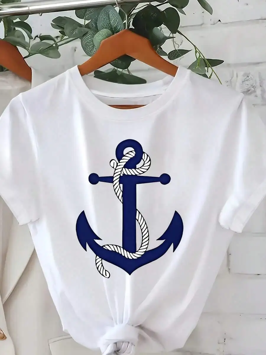 White Cotton T-Shirt With Blue Anchor Print And Rope Detail Tie-Hem Casual Summer Top
White Cotton T-Shirt With Blue Anchor Print And Rope Detail Tie-Hem Casual Summer Top
