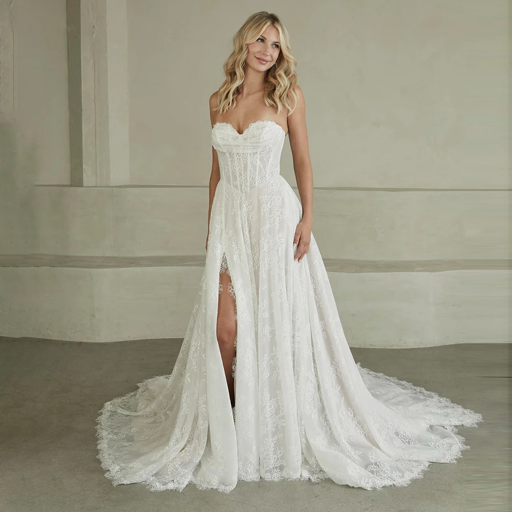 Customized Sweetheart Lace Fabirc Wedding Dress A-line Front Slit Removeble Sleeves Backless Wedding Gown robe de mariée
Customized Sweetheart Lace Fabirc Wedding Dress A-line Front Slit Removeble Sleeves Backless Wedding Gown robe de mariée