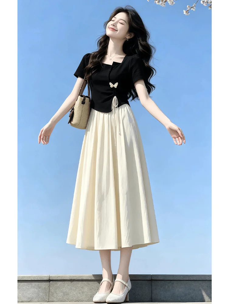 Slimming High Waist Midi Skirt Set Women's Korean Style Square Collar Short Sleeve T-Shirt Unique Summer Fashion Outfit Two-P...
Slimming High Waist Midi Skirt Set Women's Korean Style Square Collar Short Sleeve T-Shirt Unique Summer Fashion Outfit Two-P...