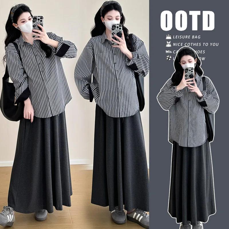 Korean Style Maternity Spring Autumn Striped Color Block Collared Shirt with Stretch Knit Skirt Sophisticated Two Piece Outfit
Korean Style Maternity Spring Autumn Striped Color Block Collared Shirt with Stretch Knit Skirt Sophisticated Two Piece Outfit