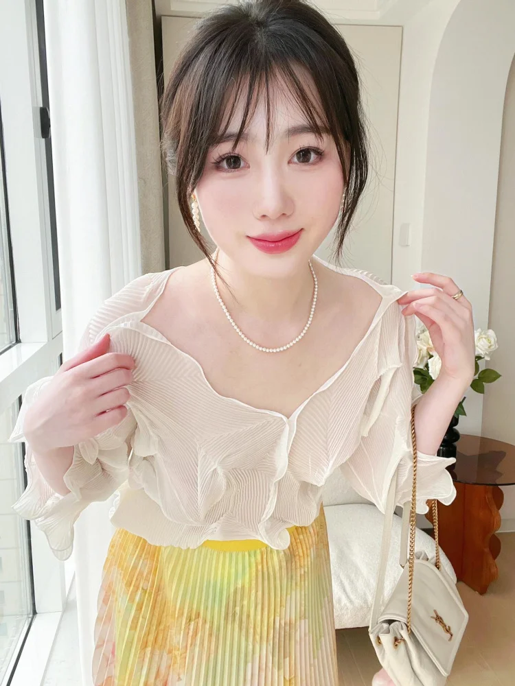 Chic Pleated T-Shirt Sun Protection Shirt V-Neck Commute Style Lace Trim Slimming Effect Polyester Fiber Summer Thin Five-Qua...
Chic Pleated T-Shirt Sun Protection Shirt V-Neck Commute Style Lace Trim Slimming Effect Polyester Fiber Summer Thin Five-Qua...