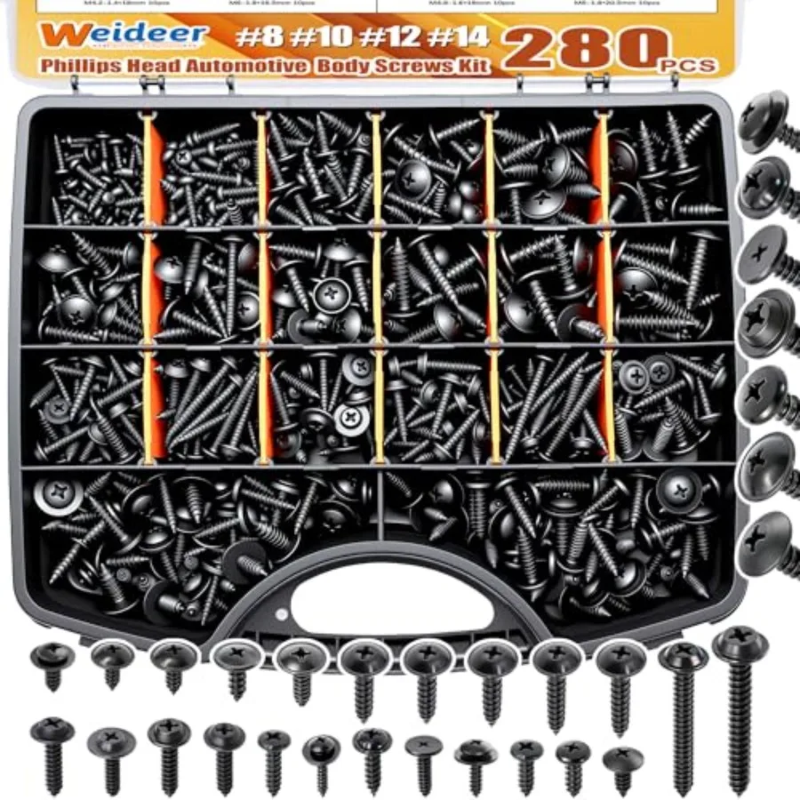 280pcs Automotive Body Screw Assortment Kit, #8#10#12#14 Automatic Trim Screws, Self Tapping Screw, Phillips HeadandWasher Head
280pcs Automotive Body Screw Assortment Kit, #8#10#12#14 Automatic Trim Screws, Self Tapping Screw, Phillips HeadandWasher Head