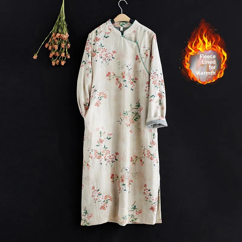 Длинное хлопковое льняное платье больших размеров с цветочным принтом све и воротником-стойкой, зимнее платье с разрезом по бокам, женское платье в стиле ретро для поездок на работу, платье 
Длинное хлопковое льняное платье больших размеров с цветочным принтом све и воротником-стойкой, зимнее платье с разрезом по бокам, женское платье в стиле ретро для поездок на работу, платье