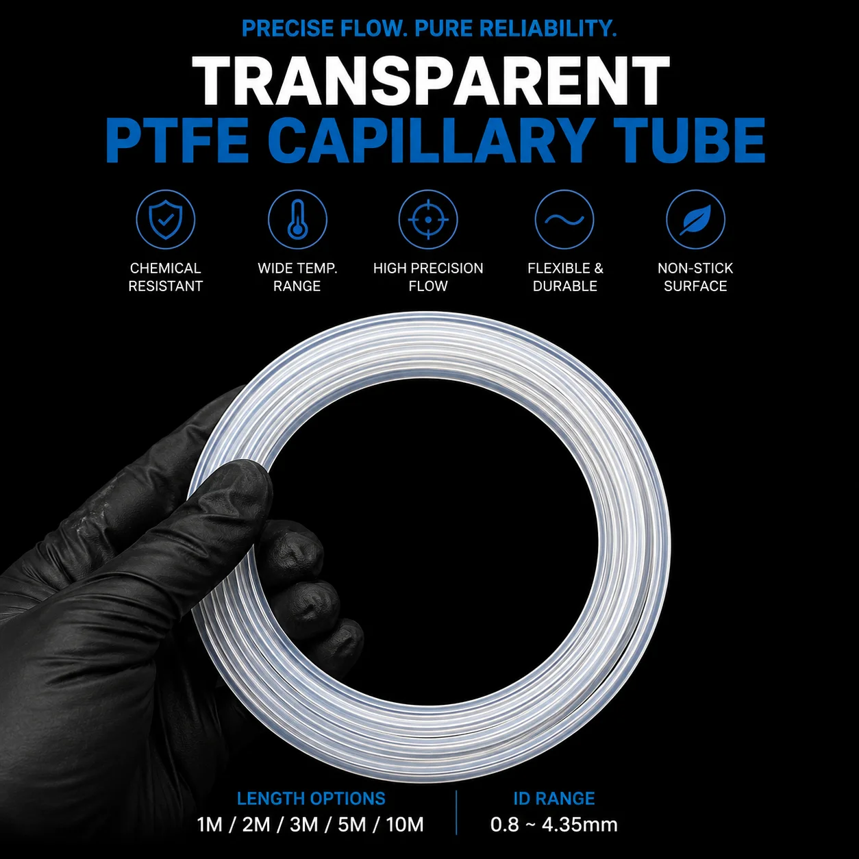 10/5M Inner Diameter 0.8~4.35MM Transparent PTFE Capillary Tube, Acid and Alkali Resistant, Low Friction, Non Clogging
10/5M Inner Diameter 0.8~4.35MM Transparent PTFE Capillary Tube, Acid and Alkali Resistant, Low Friction, Non Clogging