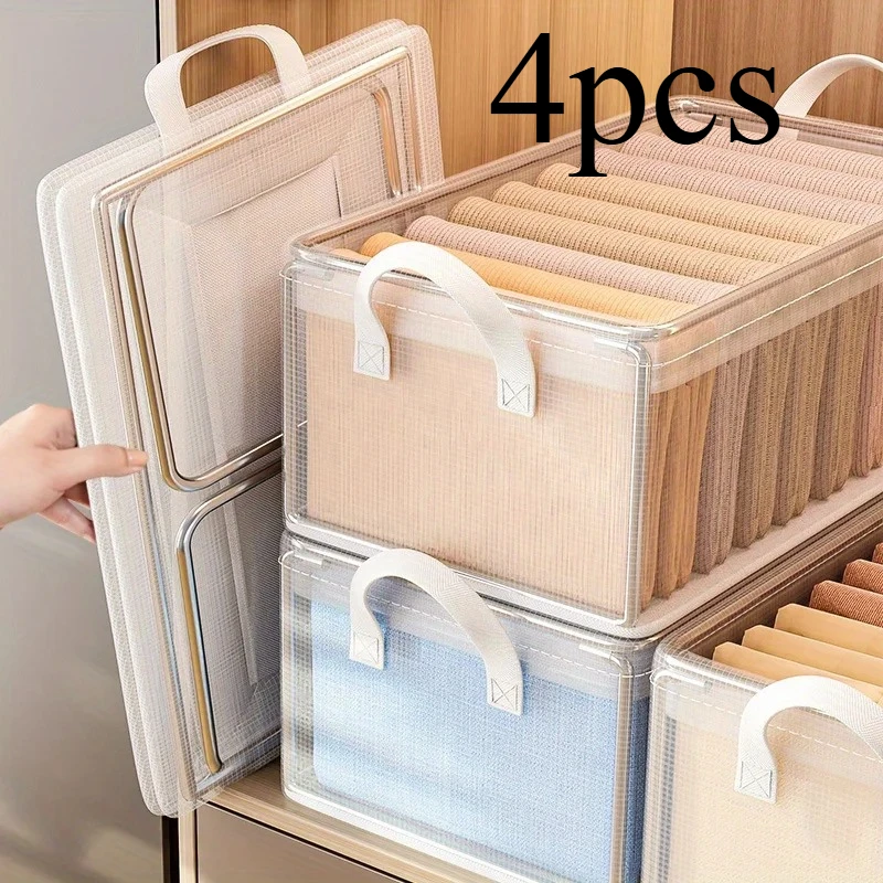 4pcs Stackable Storage Bin Set with Steel Frame - Transparent, Foldable PVC Organizers for Clothes, Quilts & Accessories
4pcs Stackable Storage Bin Set with Steel Frame - Transparent, Foldable PVC Organizers for Clothes, Quilts & Accessories