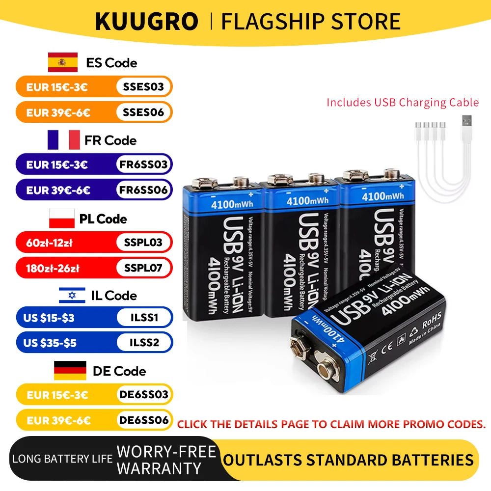 kuugro USB 9V Rechargeable Battery 4100mWh Type-C Rechargeable 6F22 9V Li-ion Battery for RC Helicopeter Model Multimeter Toy
kuugro USB 9V Rechargeable Battery 4100mWh Type-C Rechargeable 6F22 9V Li-ion Battery for RC Helicopeter Model Multimeter Toy