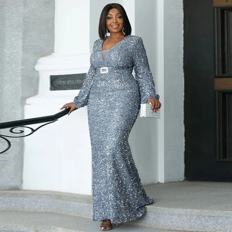 Sexy V Neck Long Sleeves Elegant Evening Gowns Floor Length Women Formal Party Wear Robe Sparkly Silver Mermaid Prom Dresses
Sexy V Neck Long Sleeves Elegant Evening Gowns Floor Length Women Formal Party Wear Robe Sparkly Silver Mermaid Prom Dresses