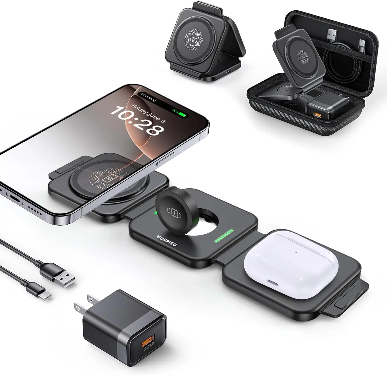 Складное беспроводное зарядное устройство 3-в-1 для iPhone, AirPods и iWatch с магнитной подставкой
Складное беспроводное зарядное устройство 3-в-1 для iPhone, AirPods и iWatch с магнитной подставкой