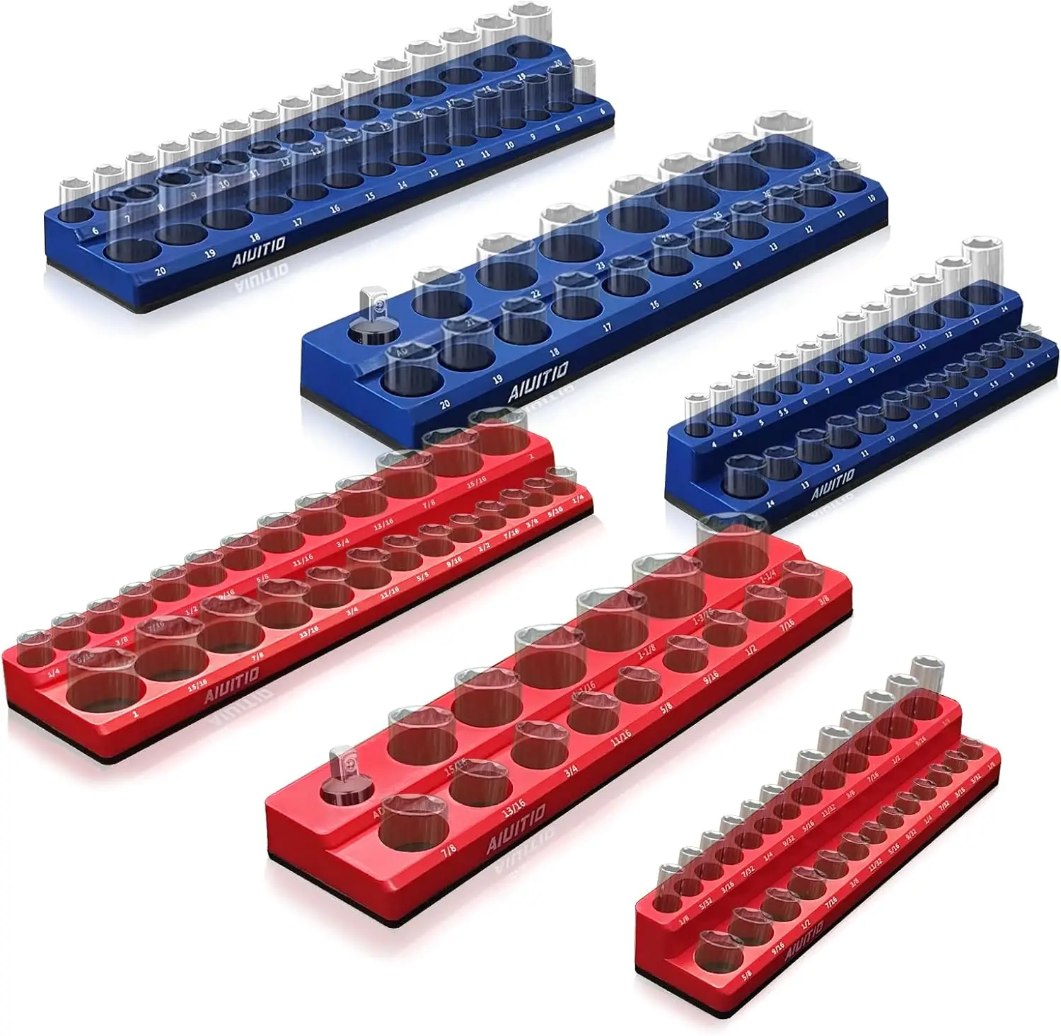 6-Piece Magnetic Socket Organizer Set with 1/4", 3/8", 1/2" Drive Metric SAE Trays for Standard and Deep Sockets
6-Piece Magnetic Socket Organizer Set with 1/4", 3/8", 1/2" Drive Metric SAE Trays for Standard and Deep Sockets