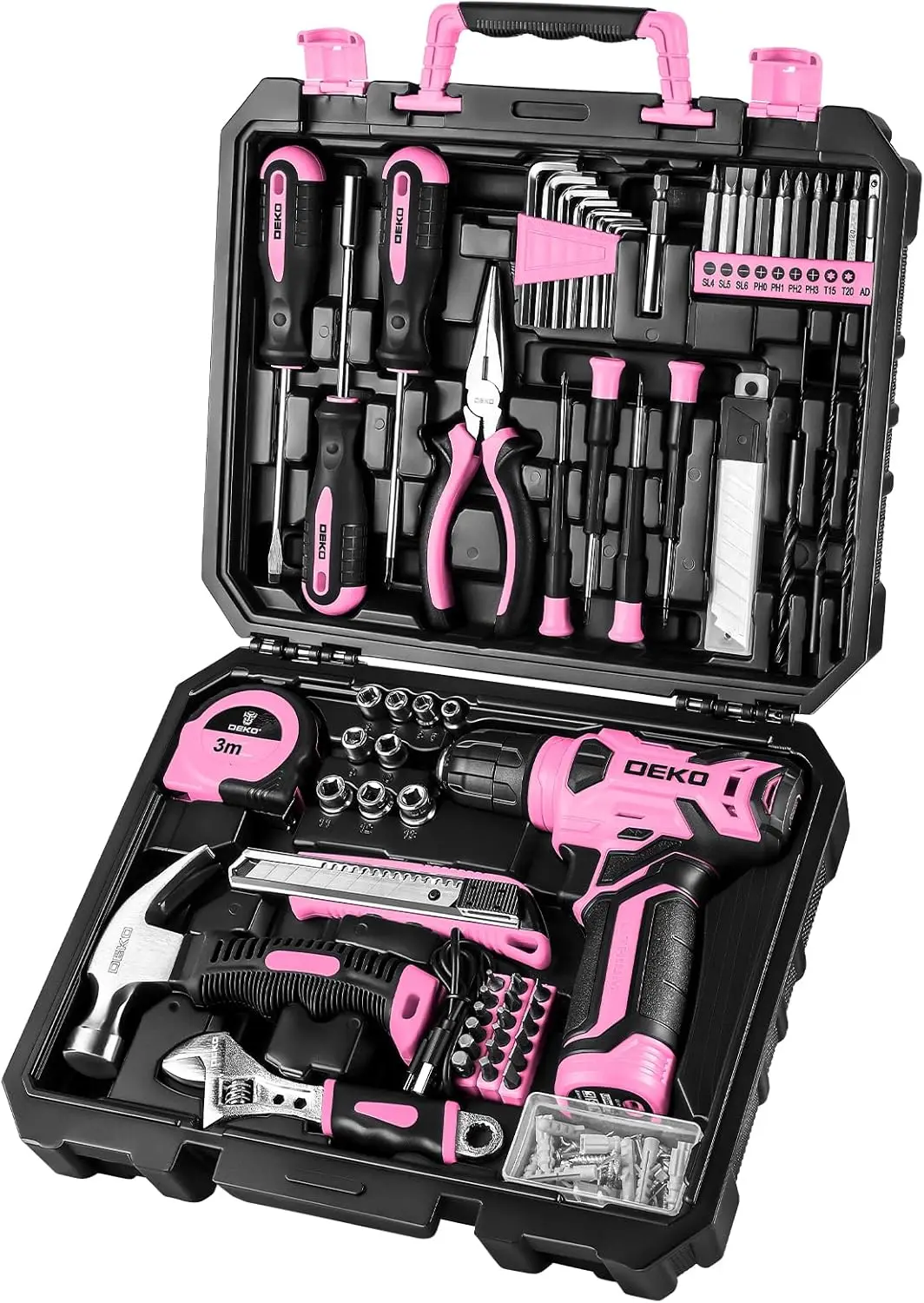 Drill Set, Home Tool Set with 8V Pink Cordless Drill, Hand Tool Kit for Women, 126 pcs
Drill Set, Home Tool Set with 8V Pink Cordless Drill, Hand Tool Kit for Women, 126 pcs
