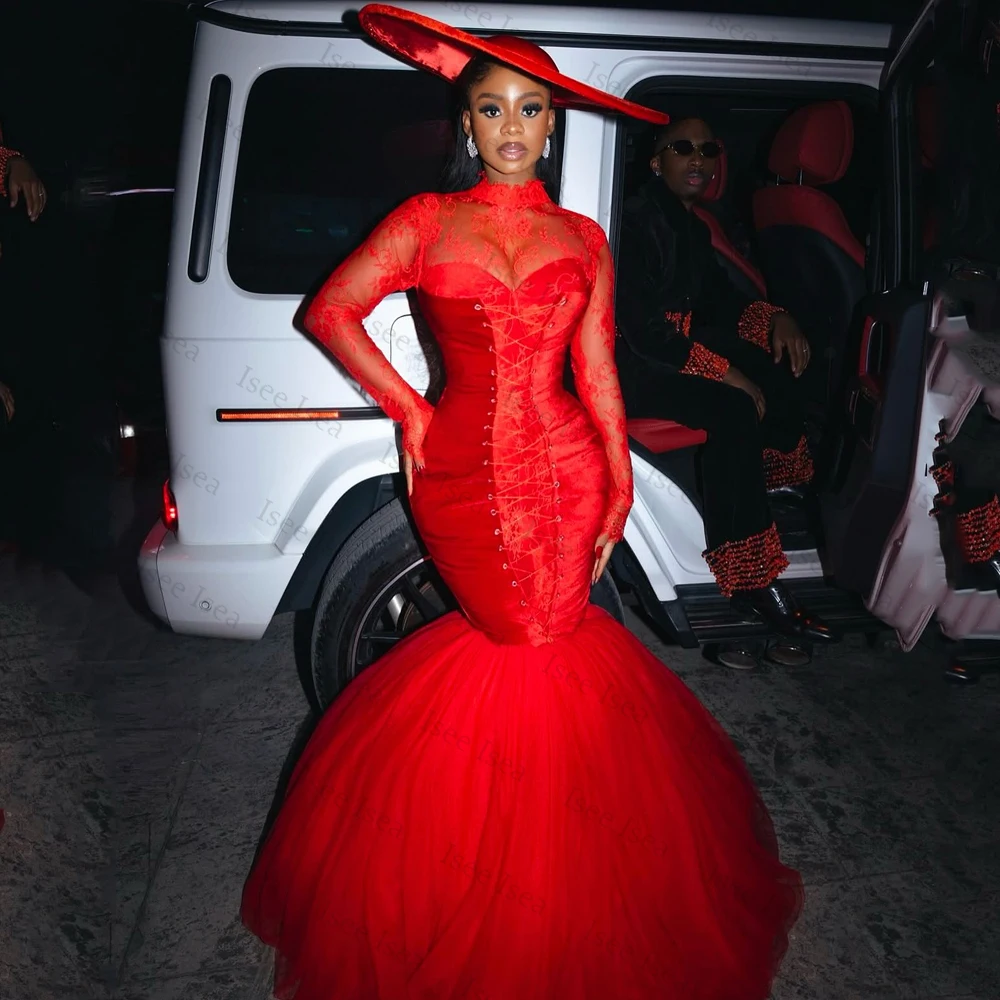 Red Lace Evening Dresses Velvet High Neck Long Sleeve Mermaid Elegant Prom Gowns African vestidos elegantes de noche Customized
Red Lace Evening Dresses Velvet High Neck Long Sleeve Mermaid Elegant Prom Gowns African vestidos elegantes de noche Customized