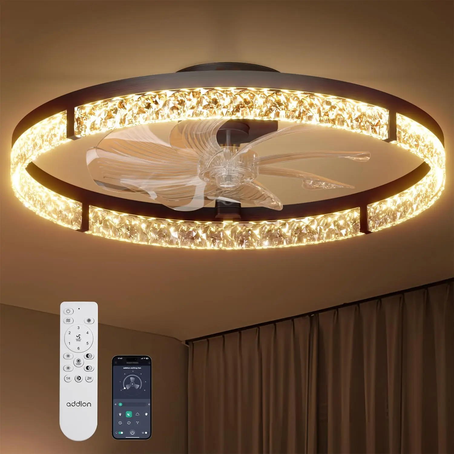 24" Low Profile Ceiling Fan with Lights and Remote, Dimmable LED, 6-Speed DC Motor, Bladeless Crystal Design for Bedroom, Kitchen, Living Room, Black
24" Low Profile Ceiling Fan with Lights and Remote, Dimmable LED, 6-Speed DC Motor, Bladeless Crystal Design for Bedroom, Kitchen, Living Room, Black