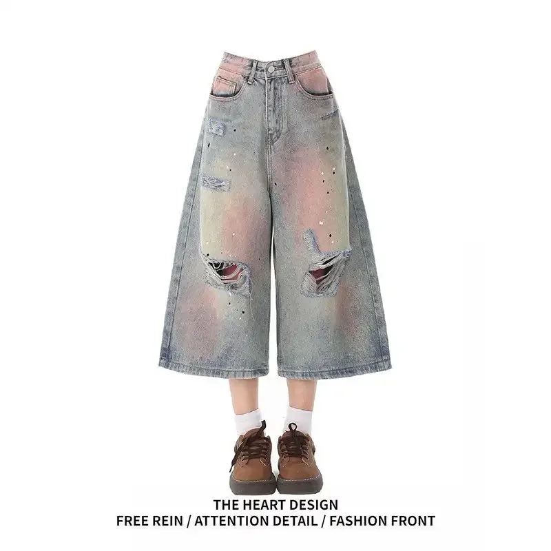 Womens American Retro Distressed Washed Denim Culottes Summer Loose Wide Leg Cropped Jeans
Womens American Retro Distressed Washed Denim Culottes Summer Loose Wide Leg Cropped Jeans