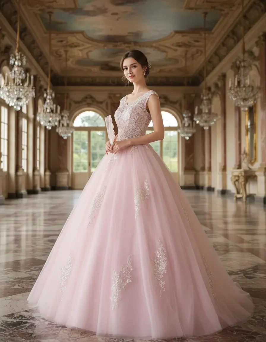 Luxury V‑Neck Ball Gown with Floral Lace Appliqué & Corset Back for Quinceanera, Prom, Formal Occasions & Wedding Receptions
Luxury V‑Neck Ball Gown with Floral Lace Appliqué & Corset Back for Quinceanera, Prom, Formal Occasions & Wedding Receptions