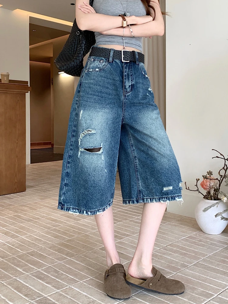 High Waist Wide Leg Seven-Foot Denim Jeans Women's Summer New American Design Sense Ripped Frayed Hem Casual Blue Jeans
High Waist Wide Leg Seven-Foot Denim Jeans Women's Summer New American Design Sense Ripped Frayed Hem Casual Blue Jeans