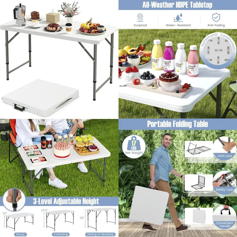 Portable Heavy-Duty 4 Foot Plastic Folding Table with 400 lbs Capacity, Indoor Outdoor Use, Adjustable, HDPE Tabletop, Californi
Portable Heavy-Duty 4 Foot Plastic Folding Table with 400 lbs Capacity, Indoor Outdoor Use, Adjustable, HDPE Tabletop, Californi