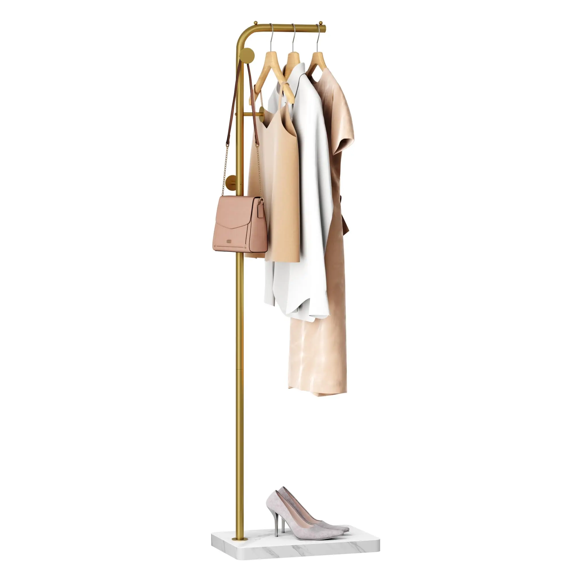 Modern Freestanding Coat Rack With 3 Wooden Hangers, L-Shaped Entryway Organizer On Marble Base, Brushed Brass Finish
Modern Freestanding Coat Rack With 3 Wooden Hangers, L-Shaped Entryway Organizer On Marble Base, Brushed Brass Finish