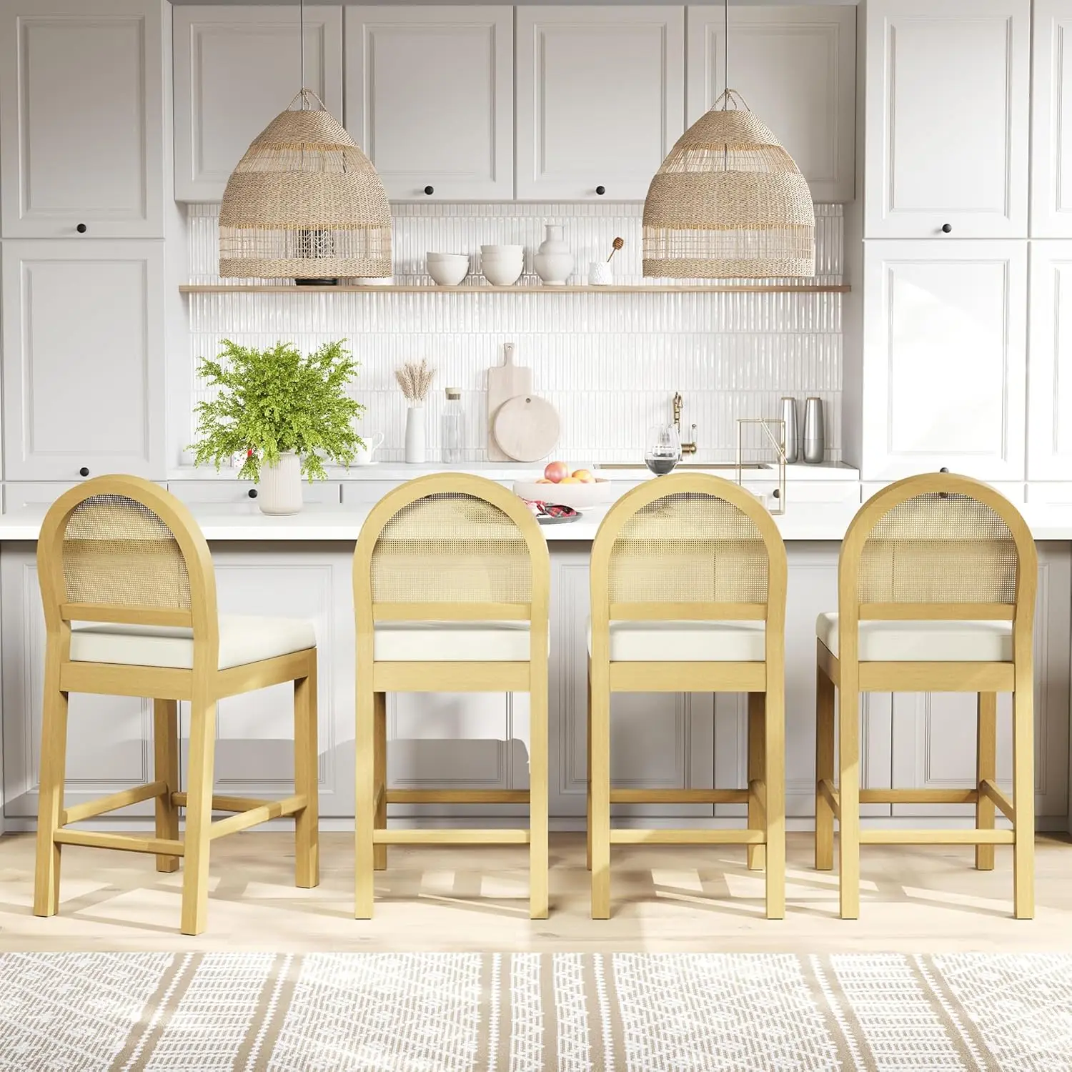 Upholstered Rattan Bar Stools Set of 4, Wooden Counter Height Stools with Natural Rattan Woven Back and Chenille, Customized
Upholstered Rattan Bar Stools Set of 4, Wooden Counter Height Stools with Natural Rattan Woven Back and Chenille, Customized