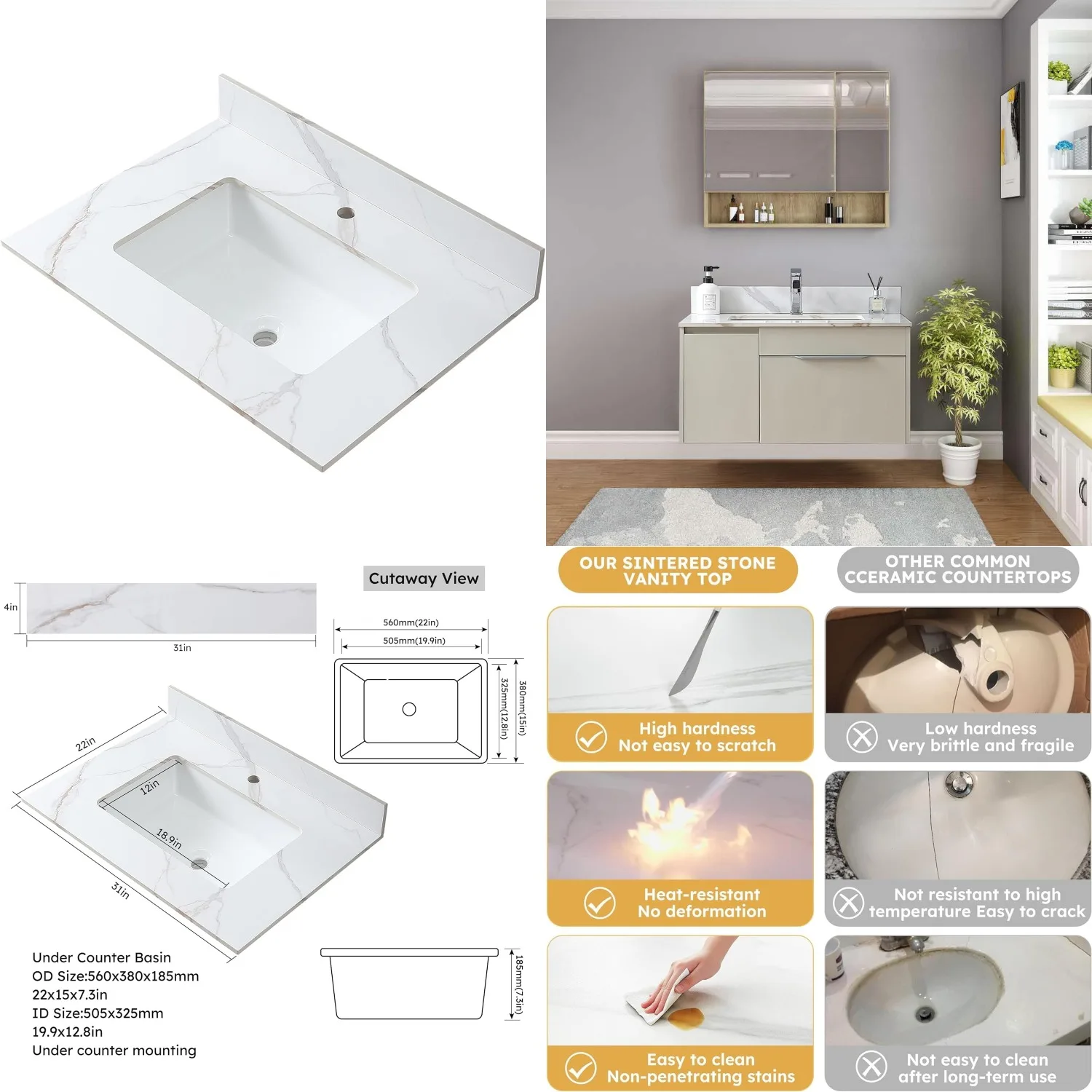 31"x22" Sintered Stone Bathroom Vanity Top with Undermount Ceramic Sink & Backsplash 1 Pre-Drilled Hole Customized
31"x22" Sintered Stone Bathroom Vanity Top with Undermount Ceramic Sink & Backsplash 1 Pre-Drilled Hole Customized