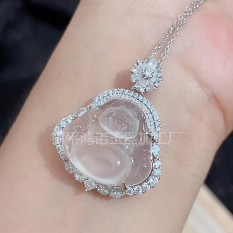 New-style inlaid white chalcedony pendant, jade Maitreya Buddha necklace
New-style inlaid white chalcedony pendant, jade Maitreya Buddha necklace