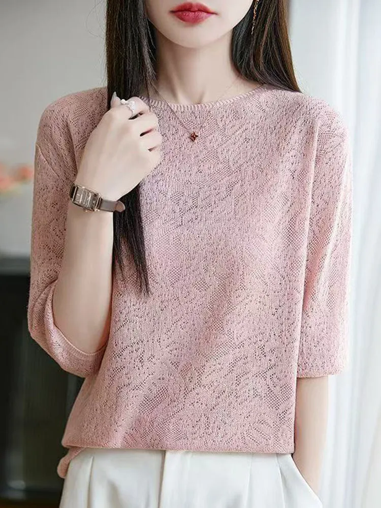 Delicate Commute Style Hollow out Knitted Top Women's Thin Short Sleeve round Neck Fashionable Elegant Otago Shale Pure Color
Delicate Commute Style Hollow out Knitted Top Women's Thin Short Sleeve round Neck Fashionable Elegant Otago Shale Pure Color