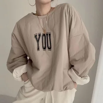 레트로 가을 다목적 긴 소매 풀오버 스웨터 여성용 루즈 피트 편지 인쇄 Drawstring 허리 장착 라운드 넥 탑