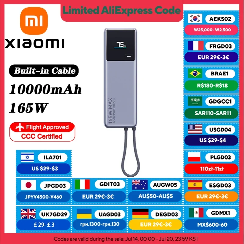 XIAOMI 165 W Power Bank 10000 mAh,Built‑in USB‑C Cable, Color Smart Display, Dual‑Port Fast Charge for iphone 16 15 14 Pro Max
XIAOMI 165 W Power Bank 10000 mAh,Built‑in USB‑C Cable, Color Smart Display, Dual‑Port Fast Charge for iphone 16 15 14 Pro Max