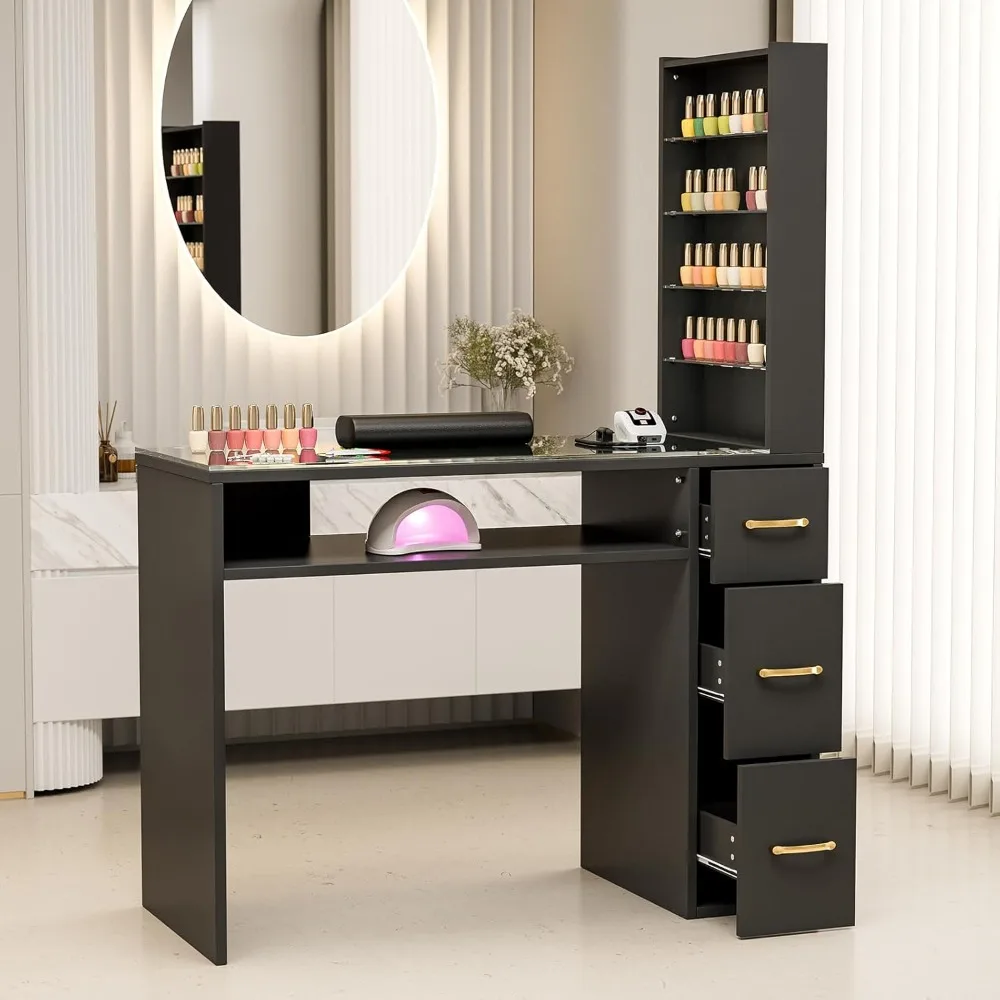 Manicure Table for Nail Tech with Drawers, Glass Top Nail Desk Station w/Storage Shelves, Wrist Cushion, Golden Handles.
Manicure Table for Nail Tech with Drawers, Glass Top Nail Desk Station w/Storage Shelves, Wrist Cushion, Golden Handles.