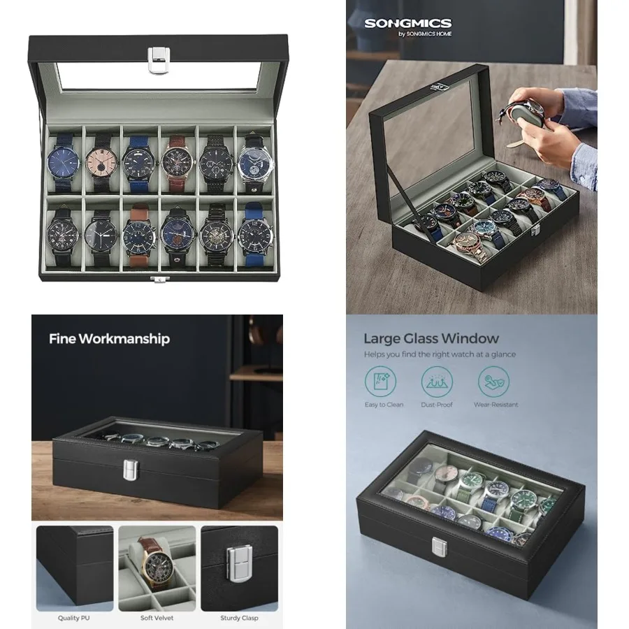 Watch Box, Watch Case Organizer with Large Glass Lid, Removable Pillows, Gift for Loved Ones, Black Synthetic Leather, Gray Lin
Watch Box, Watch Case Organizer with Large Glass Lid, Removable Pillows, Gift for Loved Ones, Black Synthetic Leather, Gray Lin