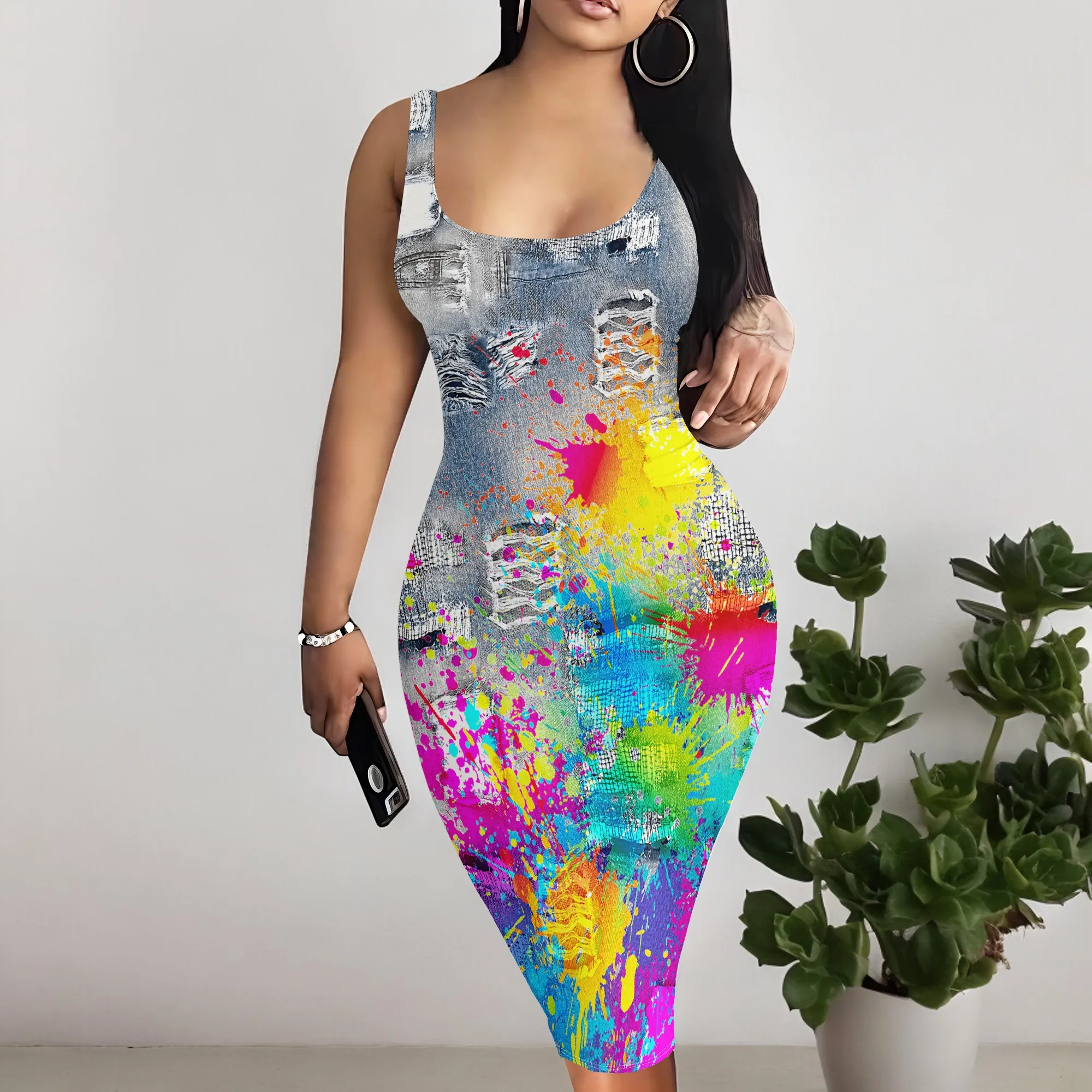 Women's Casual Sexy Vest Bodycon Dress Summer Pencil Sleeveless Basic Mid-Length Imitation Denim Print Dress
Women's Casual Sexy Vest Bodycon Dress Summer Pencil Sleeveless Basic Mid-Length Imitation Denim Print Dress