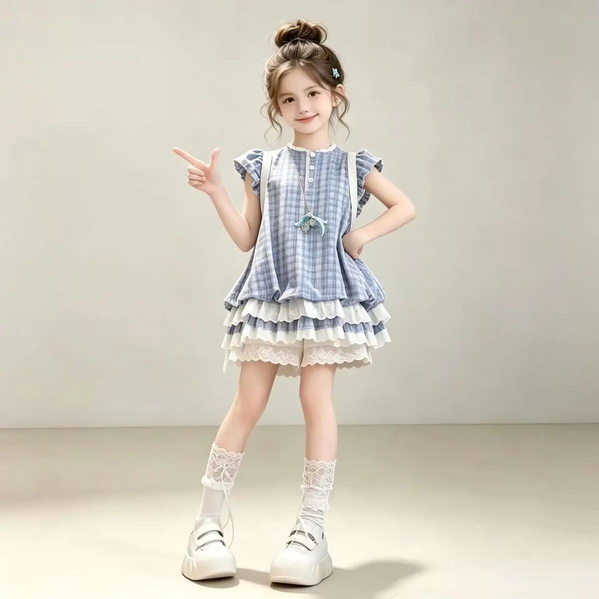 Girls 2-Piece Summer Outfit Blue Plaid Flutter Sleeve Top+Lace Tiered Ruffle Bloomer Shorts, Sweet Casual Clothing Set for Girls
Girls 2-Piece Summer Outfit Blue Plaid Flutter Sleeve Top+Lace Tiered Ruffle Bloomer Shorts, Sweet Casual Clothing Set for Girls