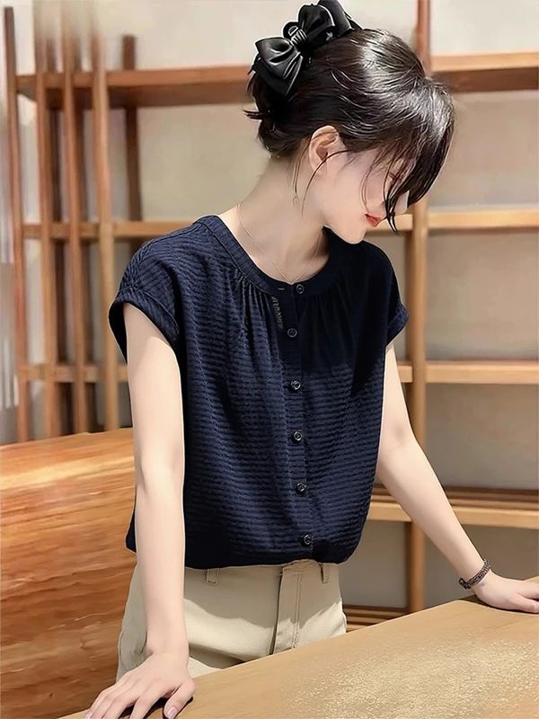 Slimming Loose Fit round Neck Short Sleeve Shirt Fashionable Indigo Blue Women's Casual Style Summer New Arrival Top
Slimming Loose Fit round Neck Short Sleeve Shirt Fashionable Indigo Blue Women's Casual Style Summer New Arrival Top