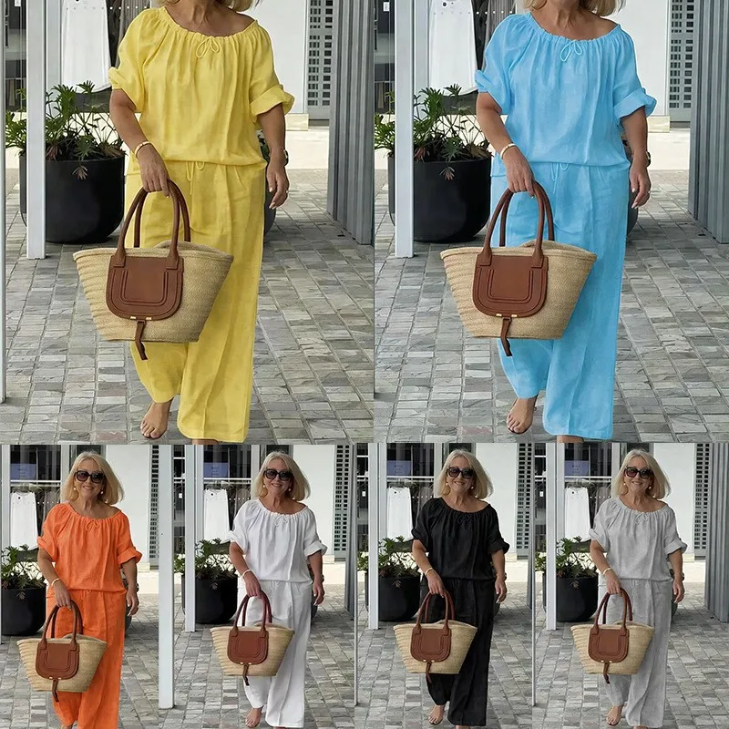 Summer Women's Suit Yellow Two Piece Set Crew Neck Cap Sleeve T-Shirt Drawstring Waist Tee Wide Leg Pants Loose Fit
Summer Women's Suit Yellow Two Piece Set Crew Neck Cap Sleeve T-Shirt Drawstring Waist Tee Wide Leg Pants Loose Fit