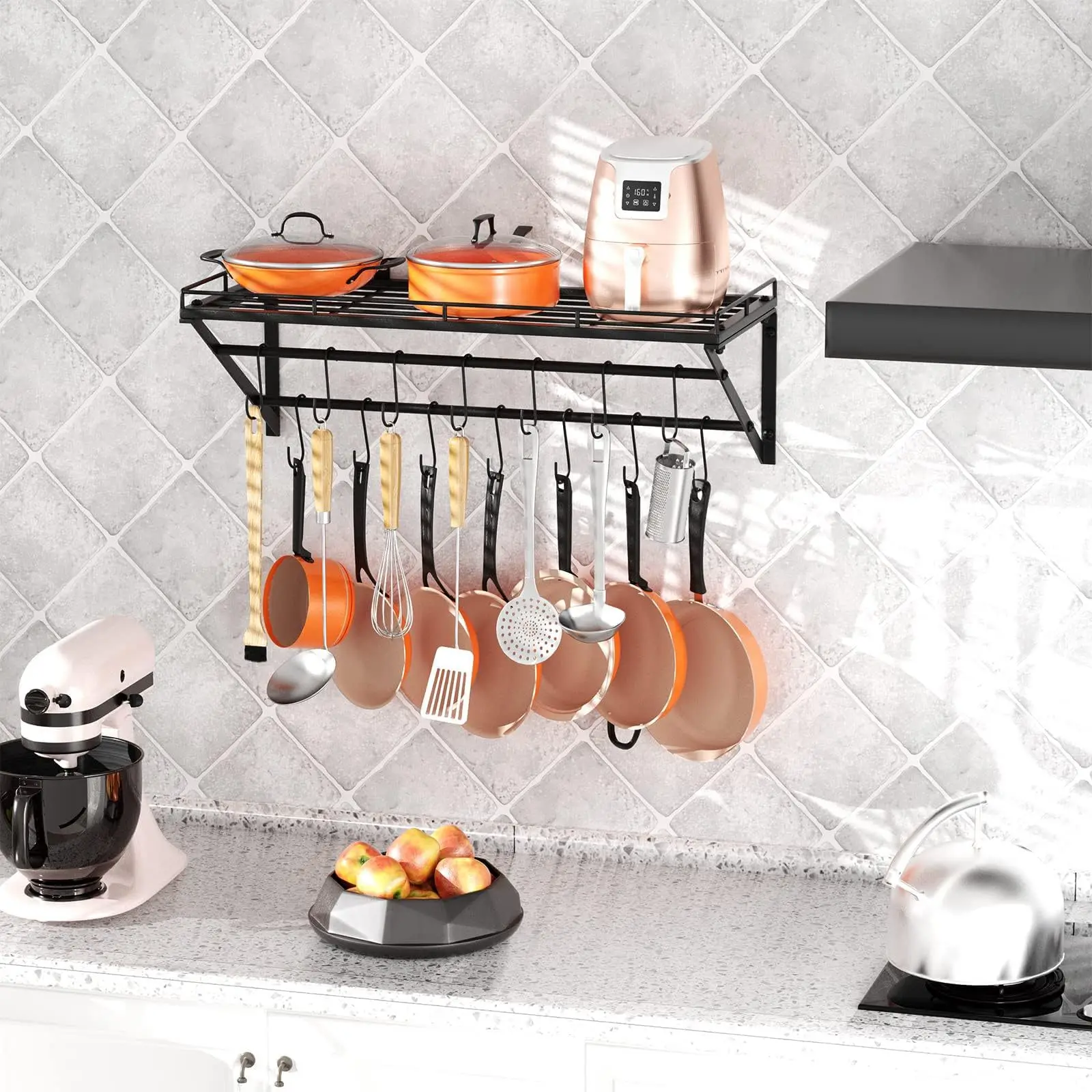 #Kitchen Wall-Mounted Metal Pot and Pan Storage Rack with Hanging Shelving
#Kitchen Wall-Mounted Metal Pot and Pan Storage Rack with Hanging Shelving