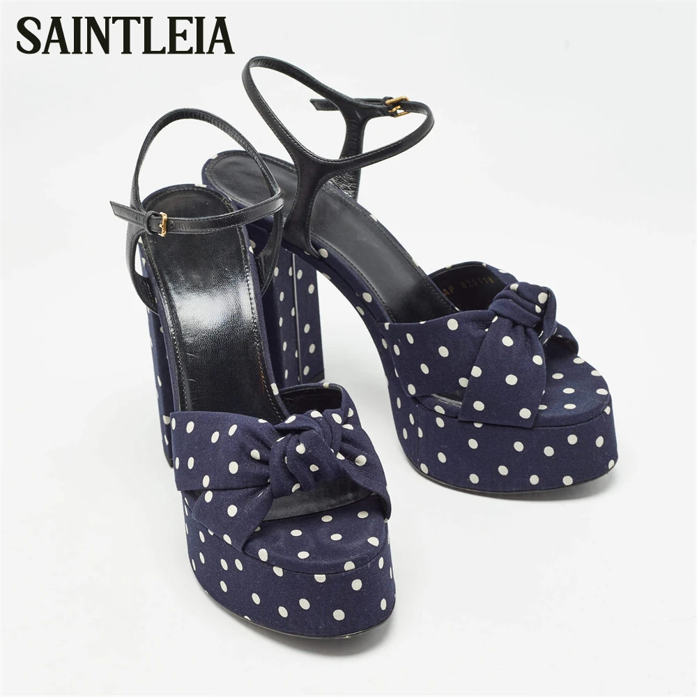 Knotted Polka-Dot Platform Sandals Navy Blue White Fabric Block Heel Sandals Smooth Leather Ankle Straps Summer Shoes for Women
Knotted Polka-Dot Platform Sandals Navy Blue White Fabric Block Heel Sandals Smooth Leather Ankle Straps Summer Shoes for Women